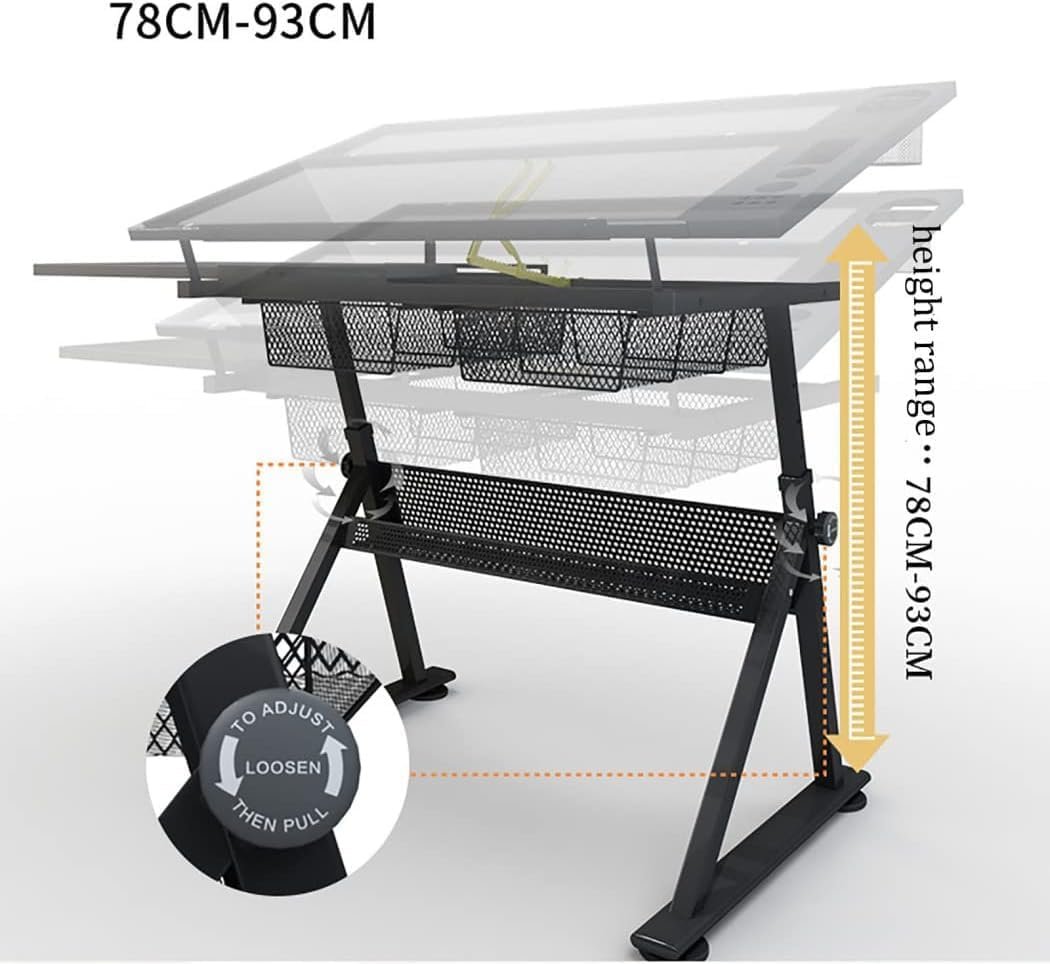 Adjustable Height Drawing Table, Tiltable 50° Draft Desk, Tempered Glass Top, with Stool and Lamp, Ideal for Drawing, Writing, and Reading - Image 6