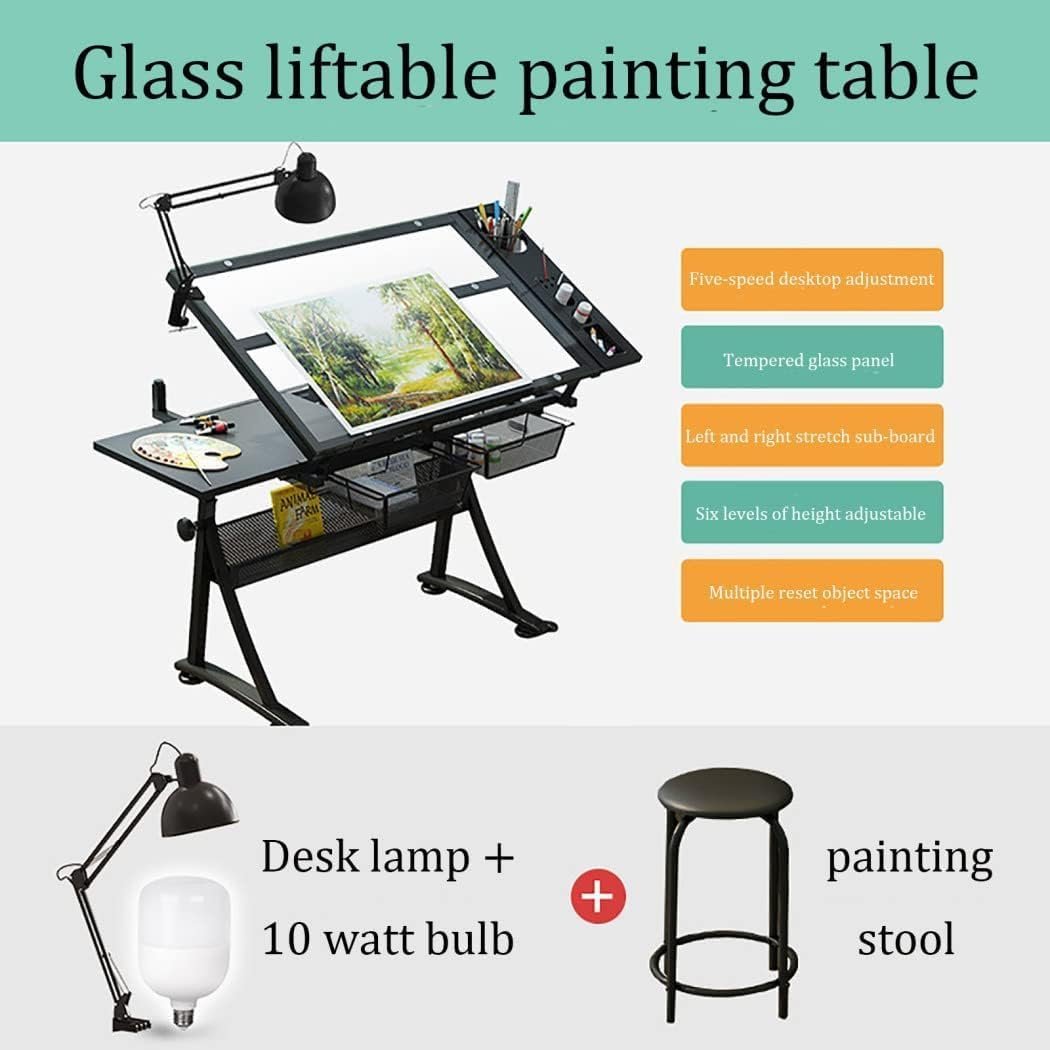 Adjustable Height Drawing Table, Tiltable 50° Draft Desk, Tempered Glass Top, with Stool and Lamp, Ideal for Drawing, Writing, and Reading - Image 3