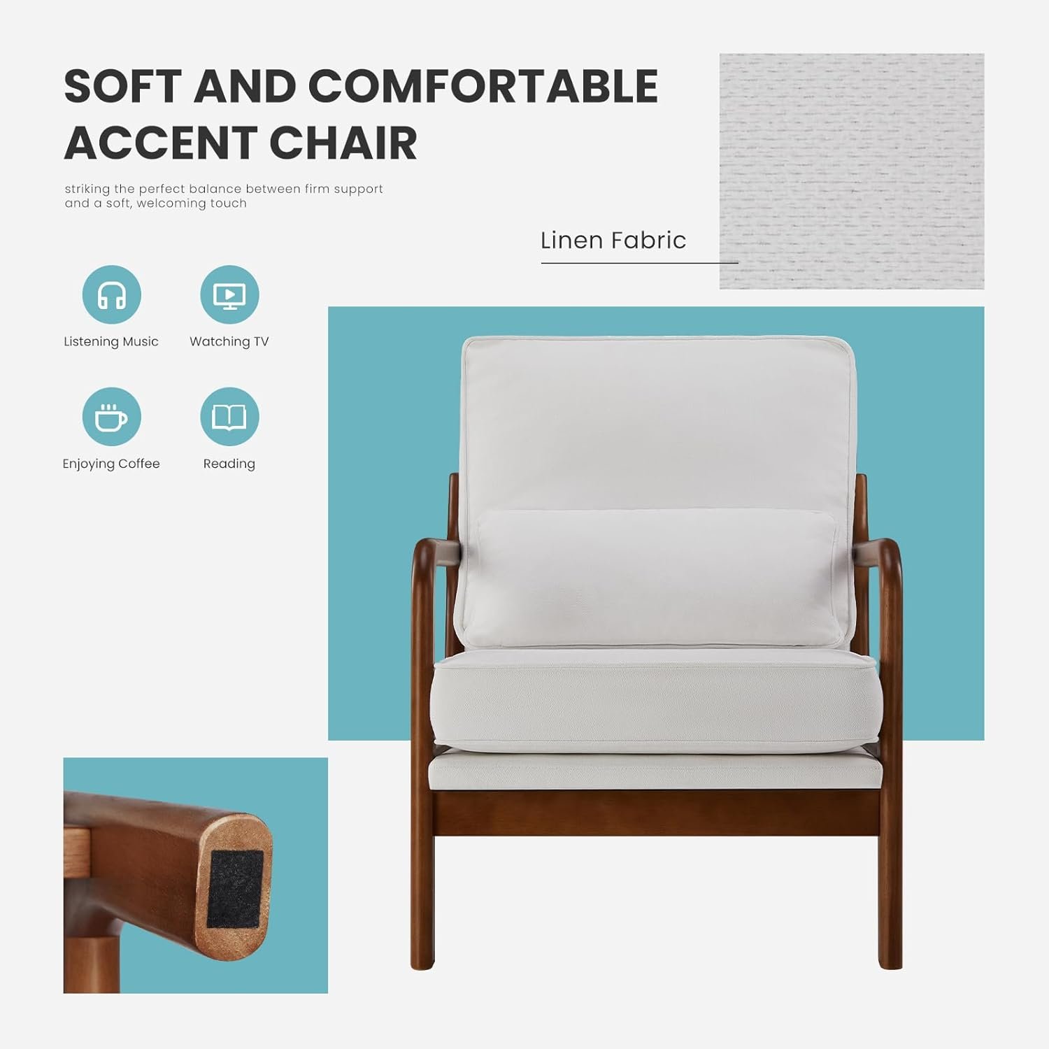 HOMEFLA Mid Century Modern Accent Chair with Pillow,Lounge Chair for Indoor Living Room Reading Comfortable Elegant Design,Reading Chair with Wood Frame for Living Room,Bedroom,Belcony,Beige - Image 6