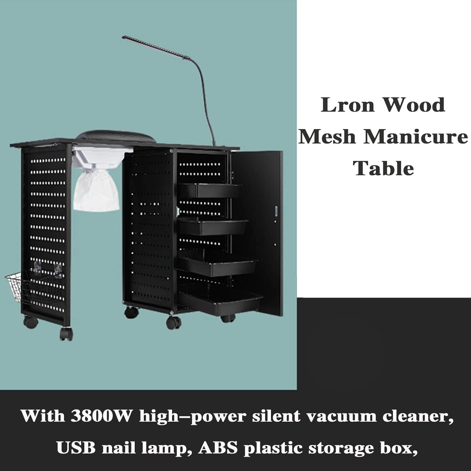 Portable Nail Desk Workstation, with Nail Vacuum Cleaner, LED Lamp and Client Wrist Pad, for Makeup Salon Travel Cosmetic Trolley - Image 6