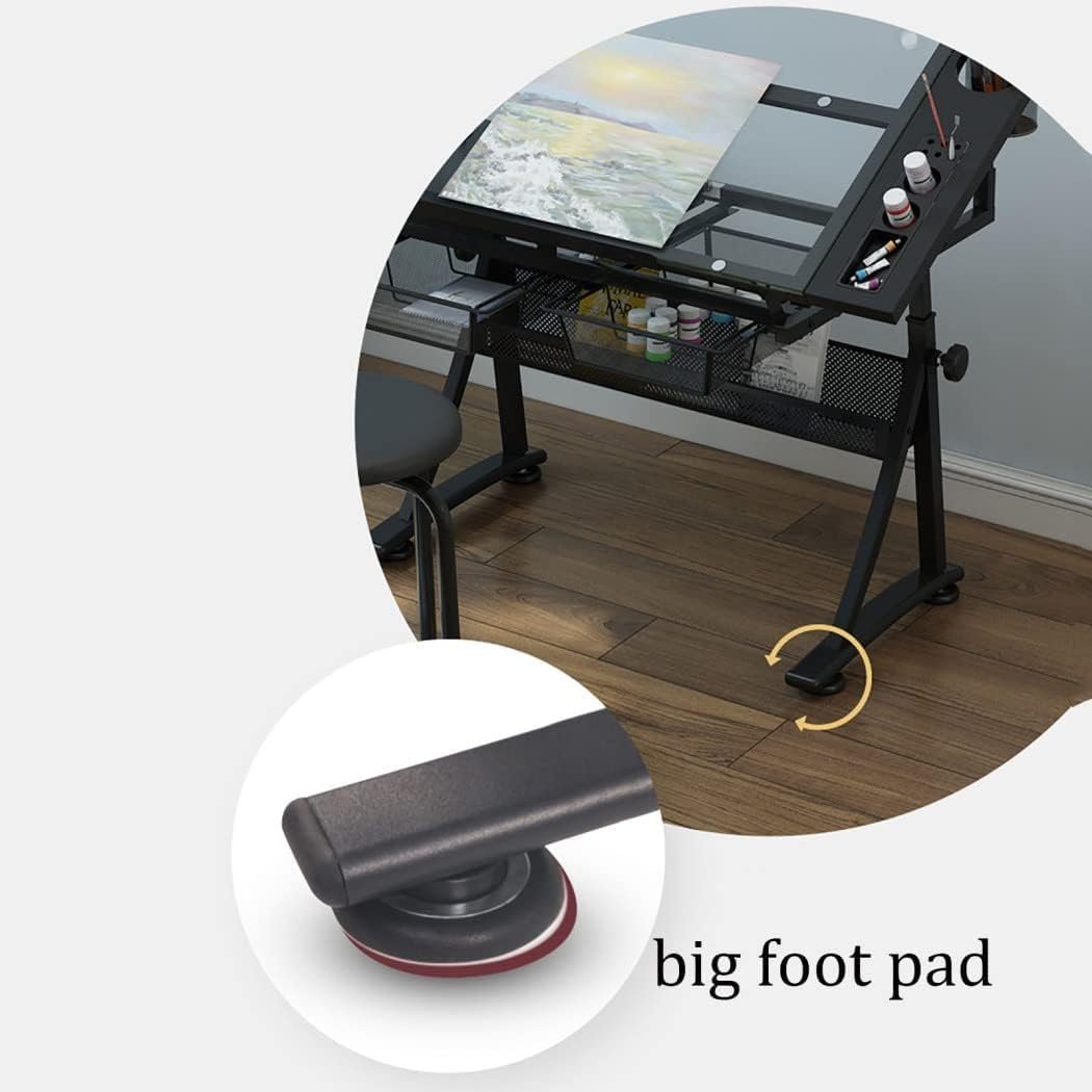 Adjustable Height Drawing Table, Tiltable 50° Draft Desk, Tempered Glass Top, with Stool and Lamp, Ideal for Drawing, Writing, and Reading - Image 2