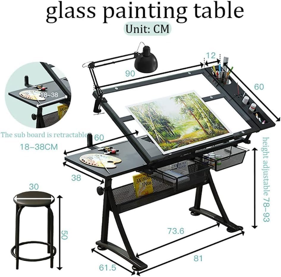 Adjustable Height Drawing Table, Tiltable 50° Draft Desk, Tempered Glass Top, with Stool and Lamp, Ideal for Drawing, Writing, and Reading - Image 4