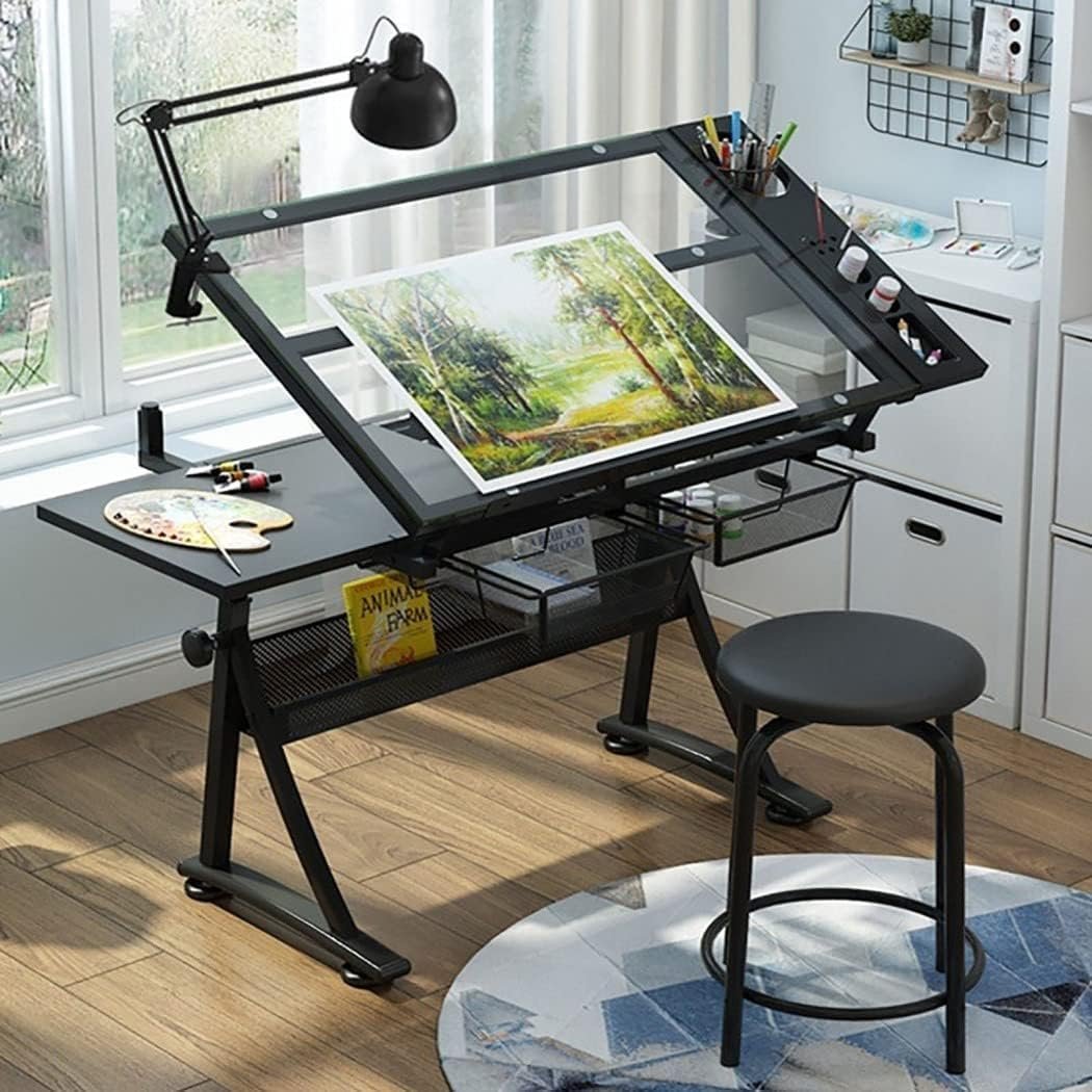 Adjustable Height Drawing Table, Tiltable 50° Draft Desk, Tempered Glass Top, with Stool and Lamp, Ideal for Drawing, Writing, and Reading
