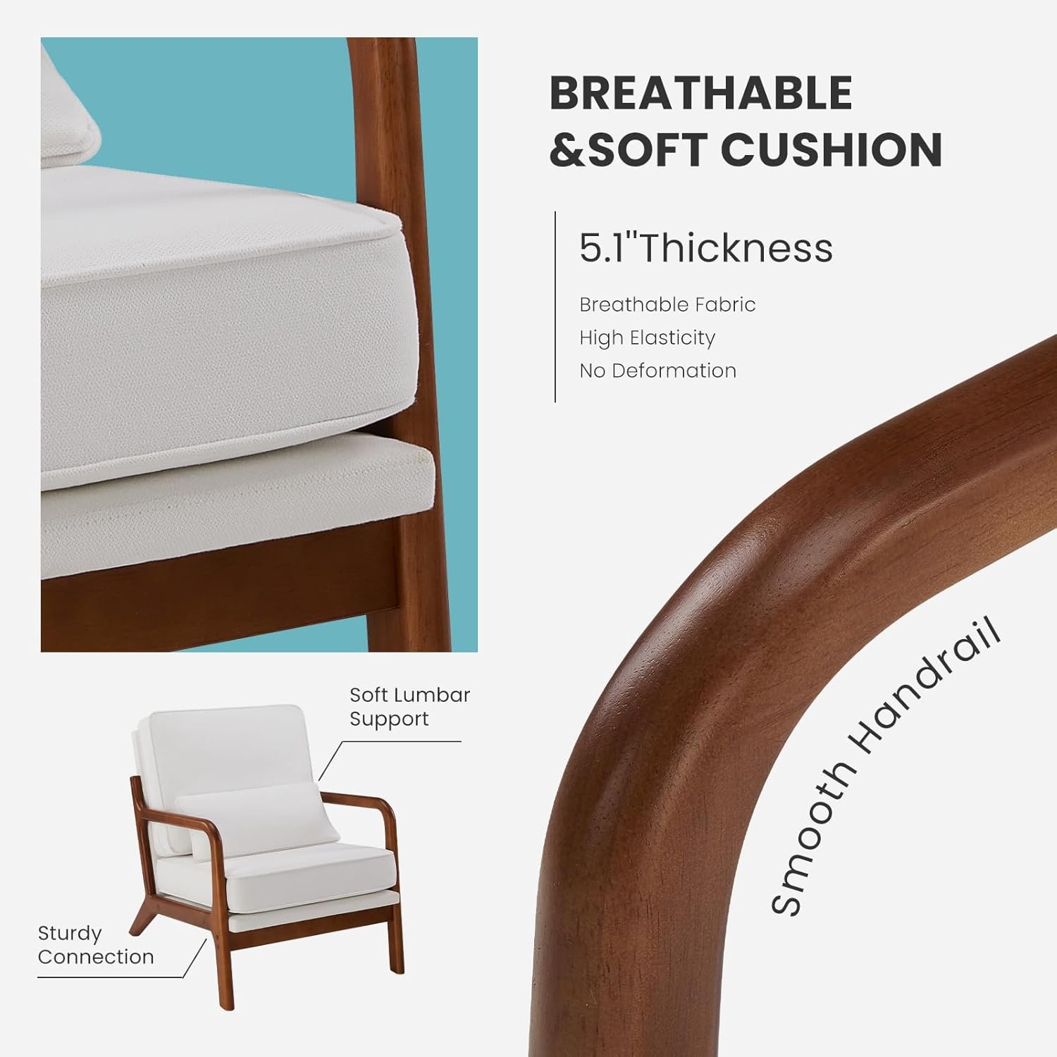 HOMEFLA Mid Century Modern Accent Chair with Pillow,Lounge Chair for Indoor Living Room Reading Comfortable Elegant Design,Reading Chair with Wood Frame for Living Room,Bedroom,Belcony,Beige - Image 3