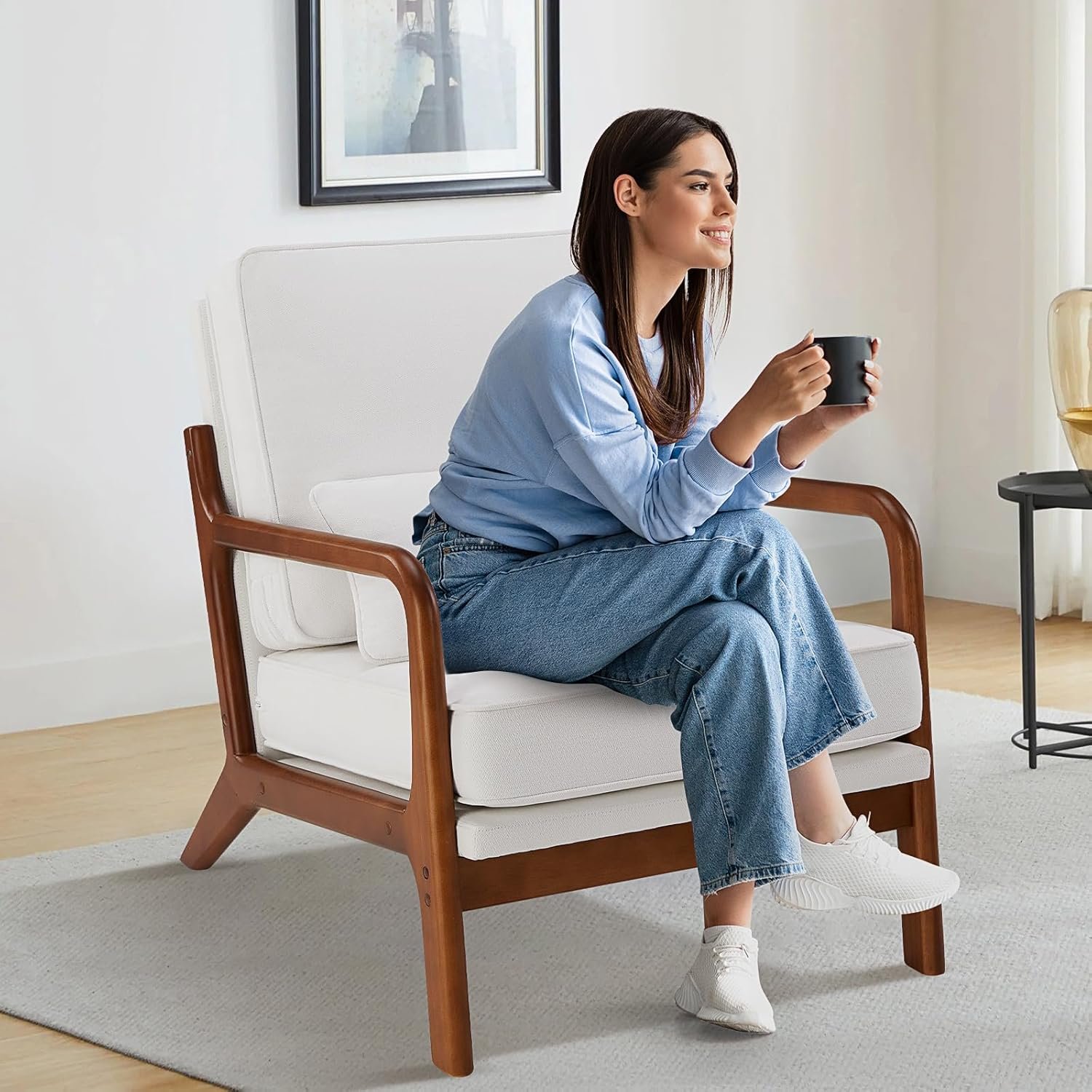 HOMEFLA Mid Century Modern Accent Chair with Pillow,Lounge Chair for Indoor Living Room Reading Comfortable Elegant Design,Reading Chair with Wood Frame for Living Room,Bedroom,Belcony,Beige - Image 4