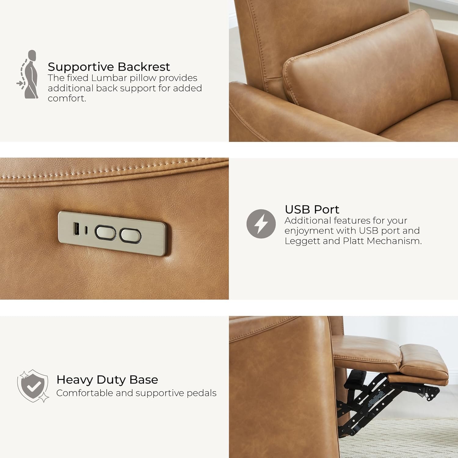 CHITA Power Recliner Chair Swivel Glider, FSC Certified Upholstered Faux Leather Living Room Nursery Reclining Sofa Chair with Lumbar Support, Cognac Brown - Image 6