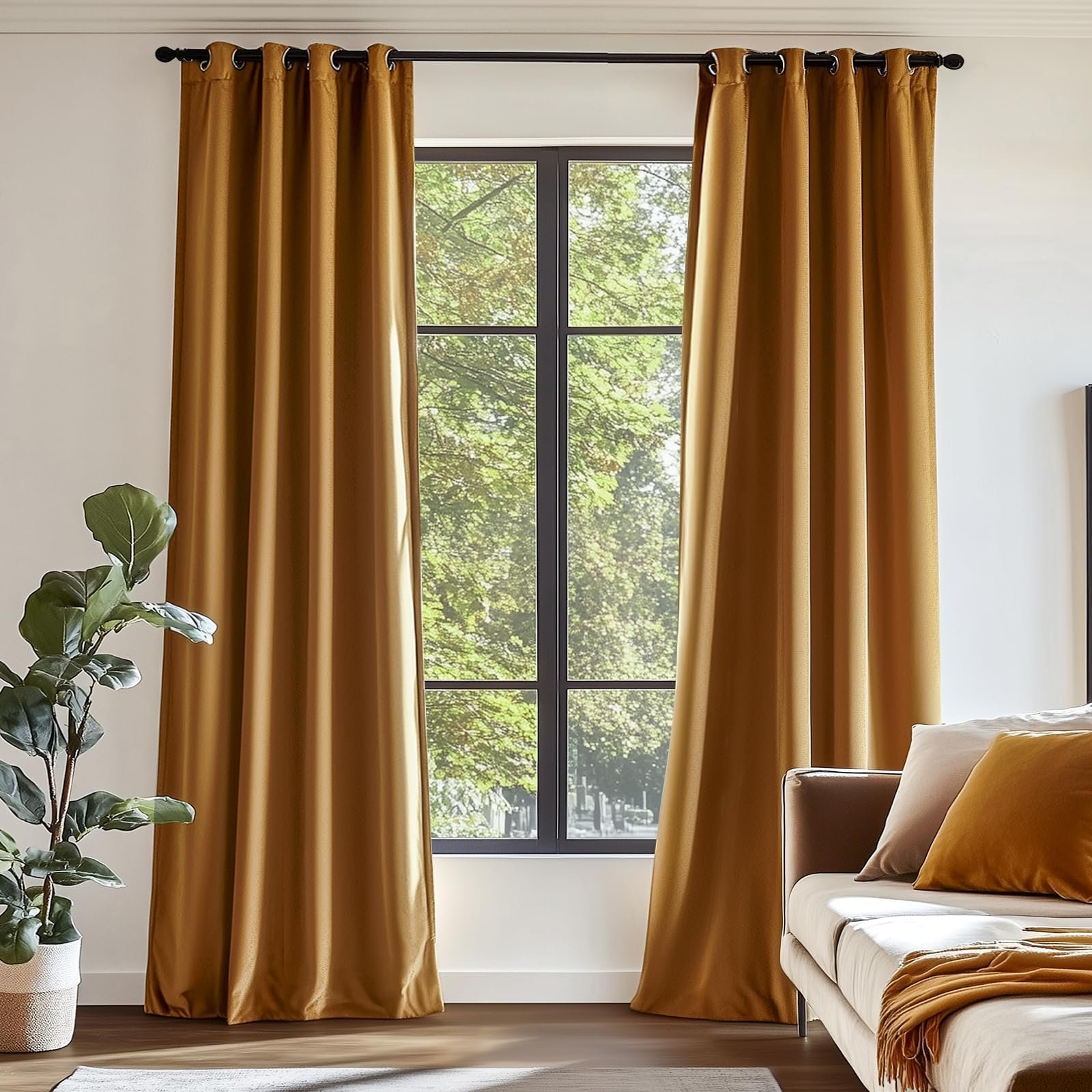 Lazzzy Velvet Blackout Curtains Brown Thermal Insulated Drapes for Bedroom Living Room Darkening 108 Inches Extra Long Window Treatments Super Soft Luxury Rod Pocket 2 Panels Gold Brown