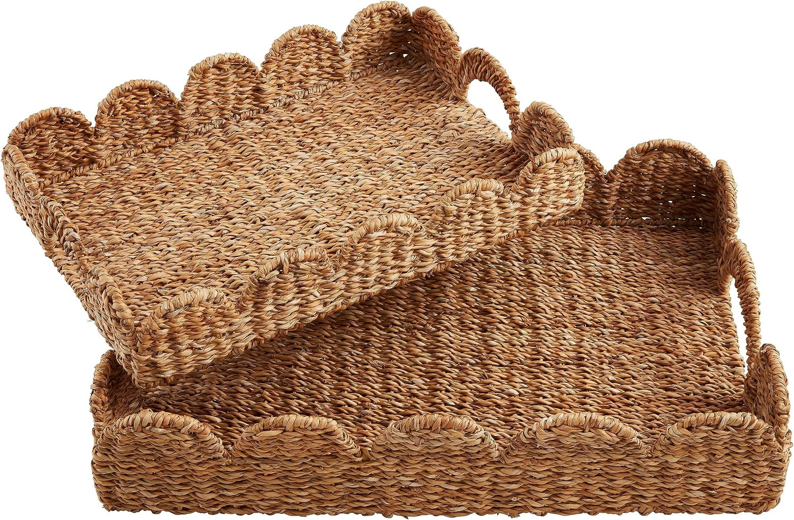 Mud Pie Nested Scallop Woven Trays Set, 21.63"x15.75", BROWN